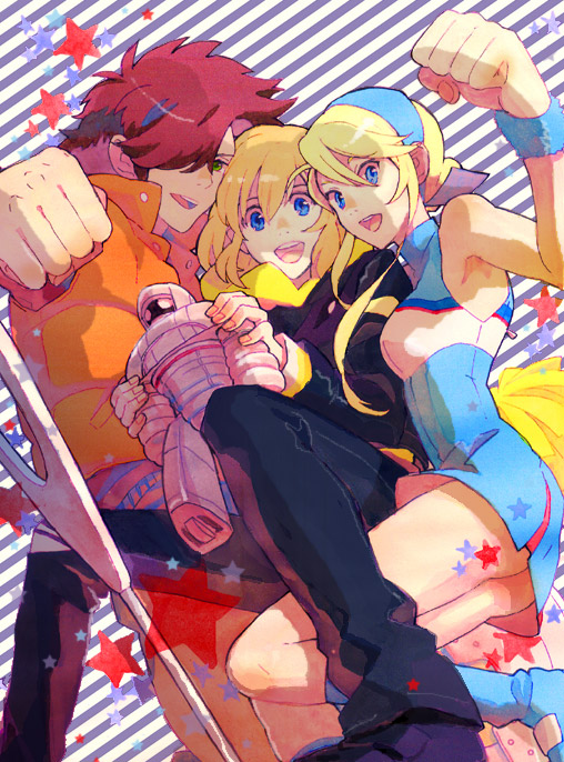 bare_shoulders, blonde_hair, blue_eyes, cheerleader, genkoro, green_eyes, hairband, heroman