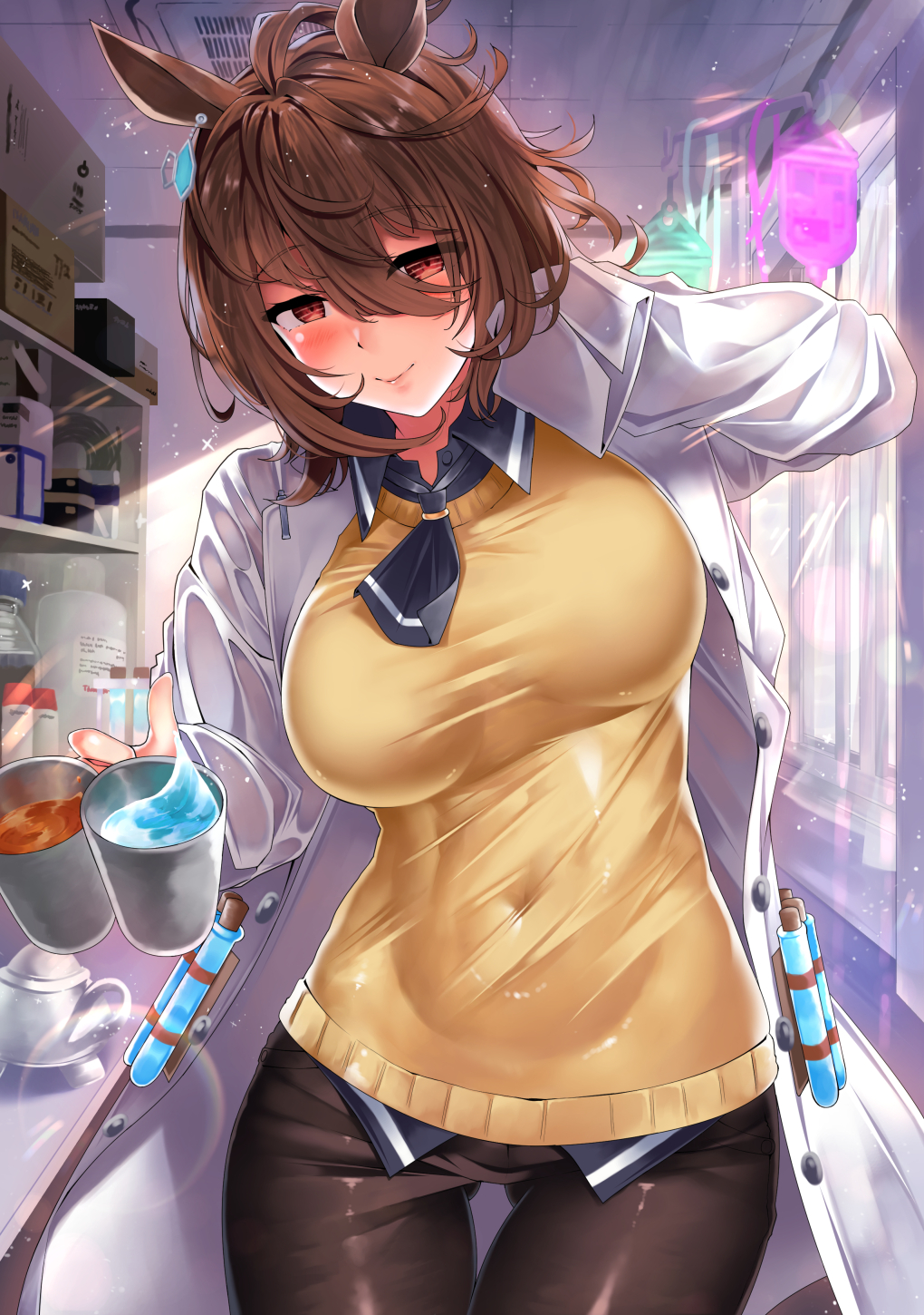 1girl, agnes_tachyon_(umamusume), ahoge, bangs, black_legwear, black_neckwear, blush, breasts, brown_eyes, brown_hair, collared_shirt, highres, horse_girl, kawai, labcoat, large_breasts, long_sleeves, looking_at_viewer, messy_hair, necktie, pantyhose, shirt, short_hair, sleeves_past_fingers, sleeves_past_wrists, smile, solo, sweater, umamusume, yellow_sweater