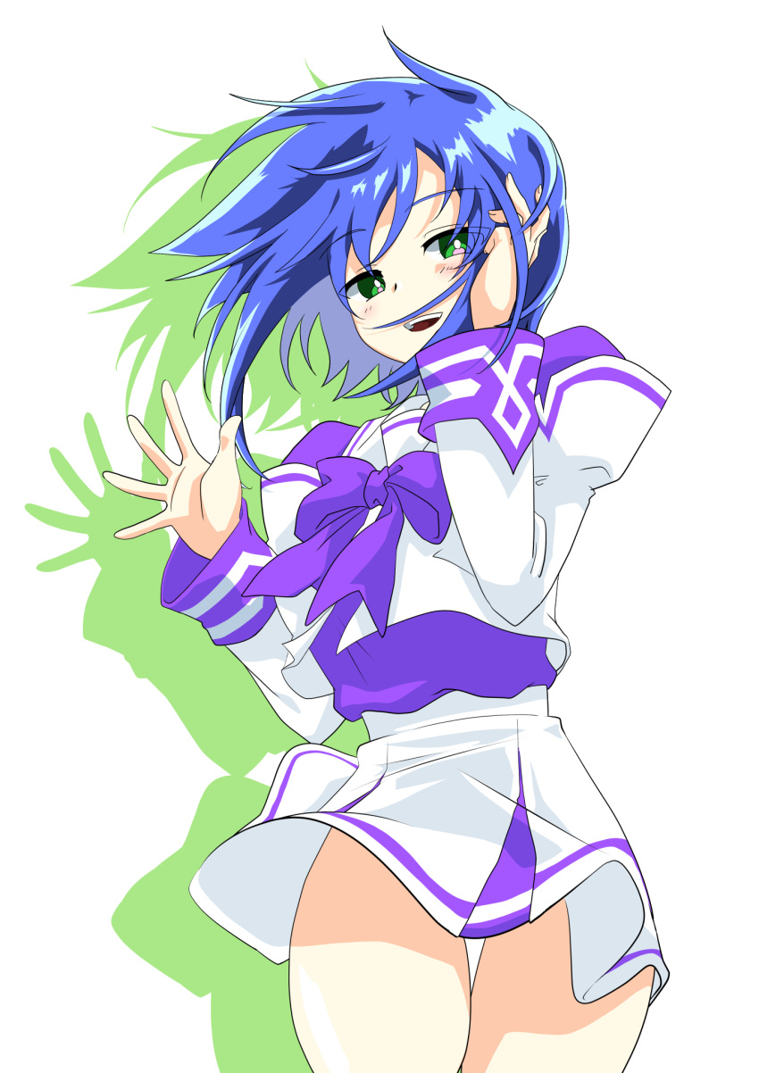 1girl, blue_hair, bow, bright_pupils, eyebrows_visible_through_hair, green_eyes, hakuryou_high_school_uniform, hand_on_own_head