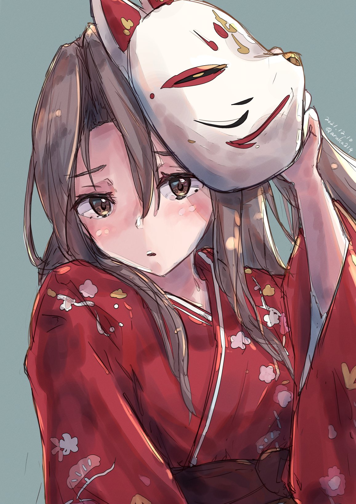 1girl, alternate_costume, aruka, brown_eyes, brown_hair, fox_mask, grey_background, high_ponytail
