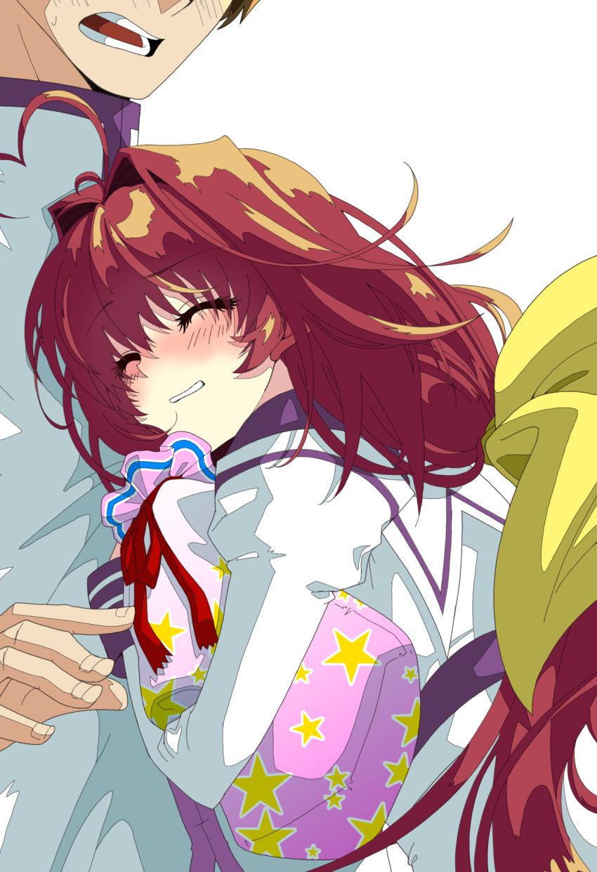 1boy, 1girl, ahoge, bag, blush, brown_hair, couple, eyebrows_visible_through_hair