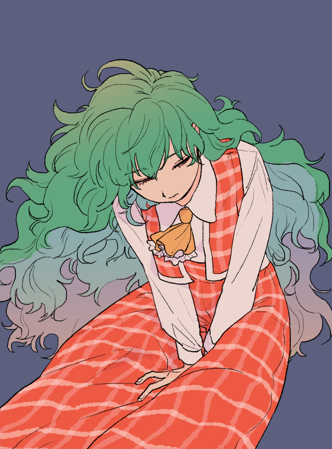 1girl, ascot, closed_eyes, closed_mouth, collared_shirt, discowars, eyebrows_visible_through_hair, eyelashes, green_hair, grey_background, kazami_yuuka, kazami_yuuka_(pc-98), long_hair, long_sleeves, plaid, plaid_skirt, plaid_vest, shirt, sitting, skirt, skirt_set, touhou, touhou_(pc-98), very_long_hair, vest, wavy_hair, white_shirt