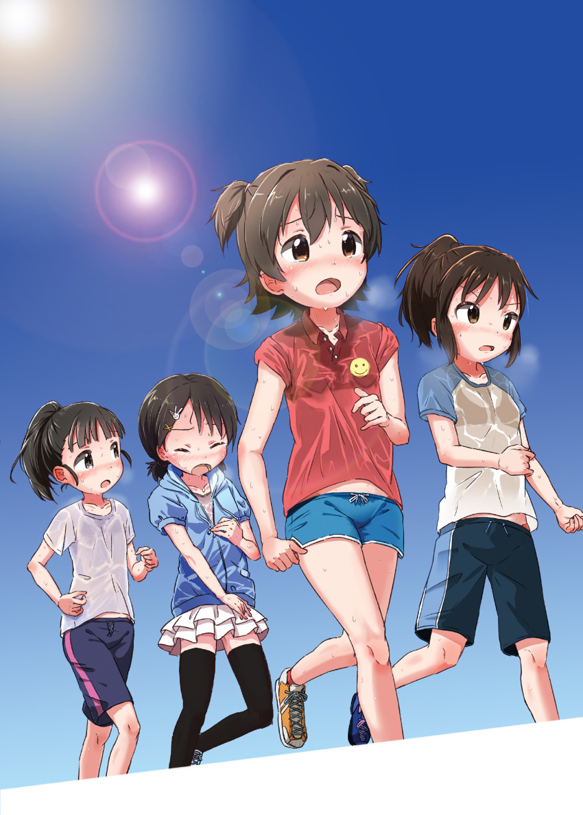 4girls, akagi_miria, black_hair, blush, brown_eyes, brown_hair, closed_eyes, dripping