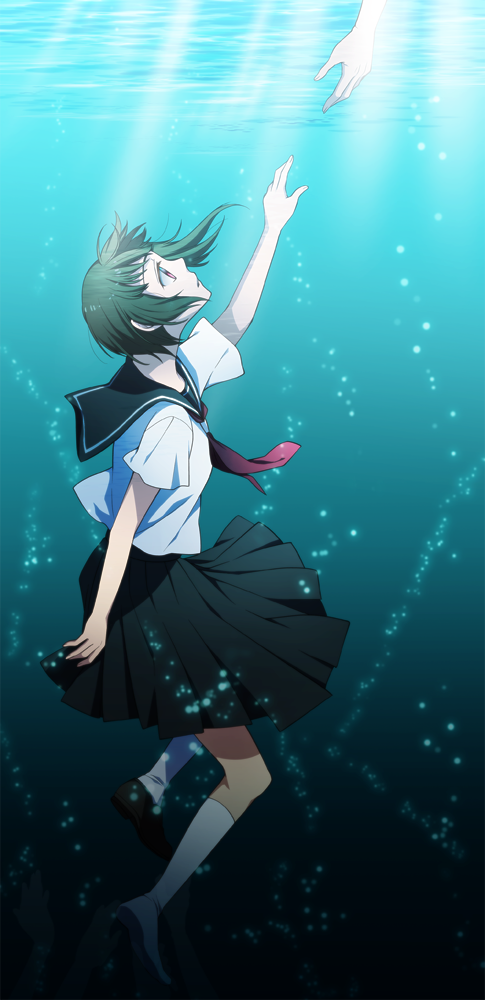 legs, original, original_items, outstretched_arm, outstretched_hand, reaching, red_eyes, school_uniform, serafuku, short_hair, single_shoe, socks, solo, sunlight, underwater, white_legwear, white_socks, yodobashi_yuo