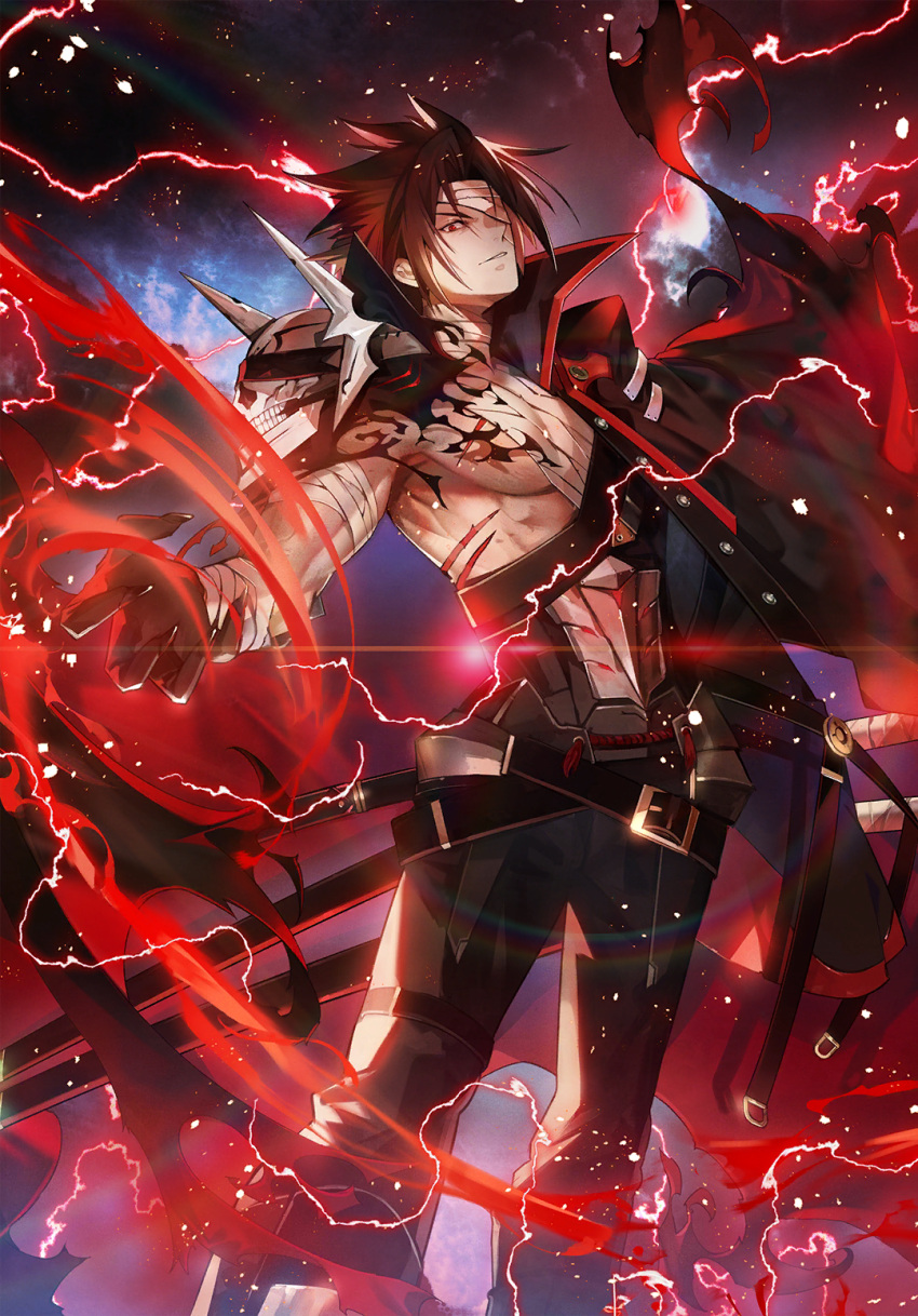 1boy, amputee, another_dark_kagura, arm_out_of_sleeve, aura, bandage_over_one_eye, bandaged_arm, bandaged_chest