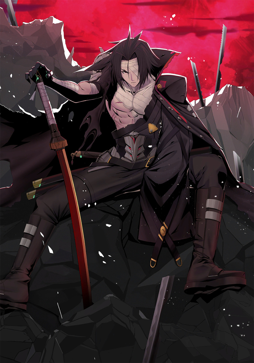 1boy, amputee, another_dark_kagura, arm_out_of_sleeve, bandage_over_one_eye, bandaged_arm, bandaged_chest, bandaged_neck, bandages, belt, belt_buckle, black_cape, black_cloak, black_gloves, black_hair, black_jacket, black_pants, blazblue, blazblue_alternative:_dark_war, buckle, cape, cloak, eyebrows, forked_eyebrows, gloves, highres, holding, holding_sword, holding_weapon, jacket, kagura_mutsuki, katana, long_sleeves, looking_at_viewer, mori_toshimichi, official_art, pants, ruins, scar, scar_on_chest, scowl, sheath, sheathed, sitting, skull, solo, sword, torn_cape, torn_cloak, torn_clothes, weapon