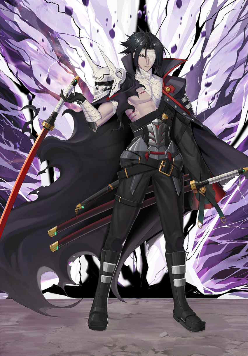 1boy, amputee, another_dark_kagura, arm_out_of_sleeve, bandage_over_one_eye, bandaged_arm, bandaged_chest, bandaged_neck, bandages, belt, belt_buckle, black_cape, black_cloak, black_gloves, black_hair, black_jacket, black_pants, blazblue, blazblue_alternative:_dark_war, buckle, cape, cloak, eyebrows, forked_eyebrows, gloves, highres, holding, holding_sword, holding_weapon, jacket, kagura_mutsuki, katana, lightning, long_sleeves, mori_toshimichi, official_art, pants, scar, scar_on_chest, sheath, sheathed, skull, solo, sword, torn_cape, torn_cloak, torn_clothes, weapon