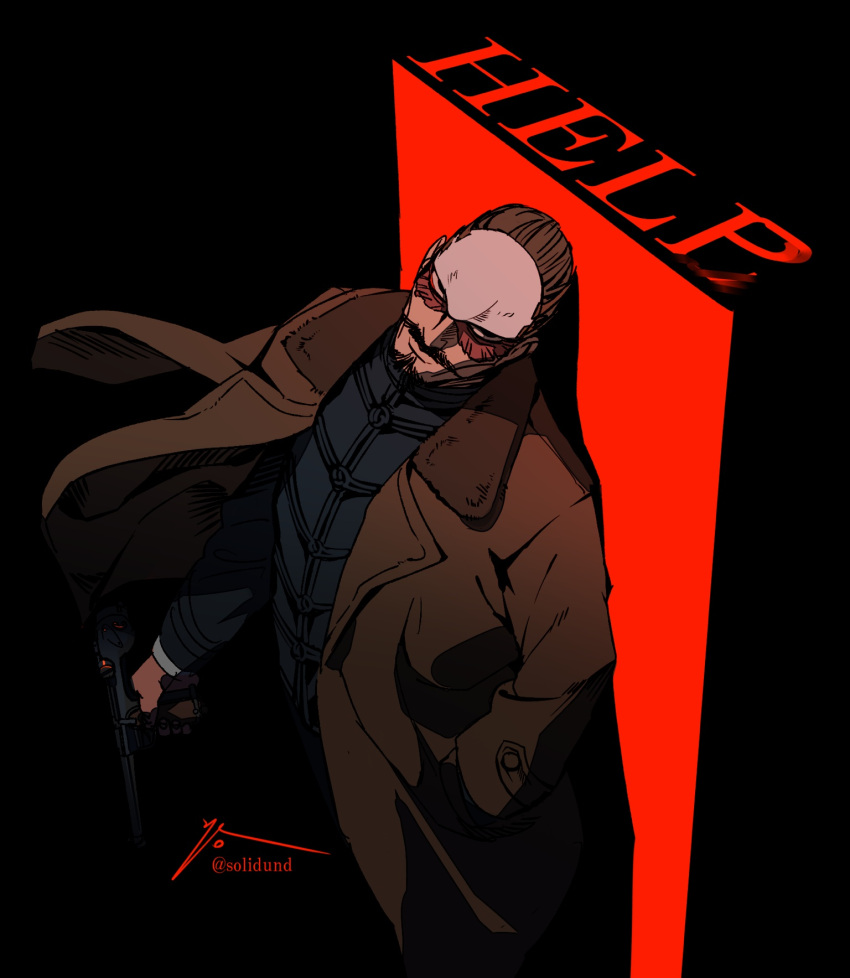 1boy, artist_name, black_background, black_eyes, black_hair, black_jacket, borchardt_c-93, brown_coat, closed_mouth, coat, collared_jacket, commentary, english_commentary, english_text, facial_hair, forehead_protector, from_above, goatee, golden_kamuy, gun, hair_slicked_back, handgun, highres, holding, holding_gun, holding_weapon, imperial_japanese_army, jacket, long_sleeves, looking_at_viewer, looking_up, male_focus, military, military_uniform, mustache, pistol, red_background, revision, scar, scar_on_face, short_hair, signature, simple_background, solo, standing, tsurumi_tokushirou, twitter_username, uniform, upper_body, weapon, zifletts