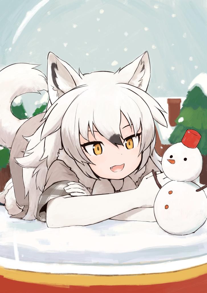 1girl, animal_ears, arctic_wolf_(kemono_friends), bow, bowtie, brown_hair, elbow_gloves, eyebrows_visible_through_hair
