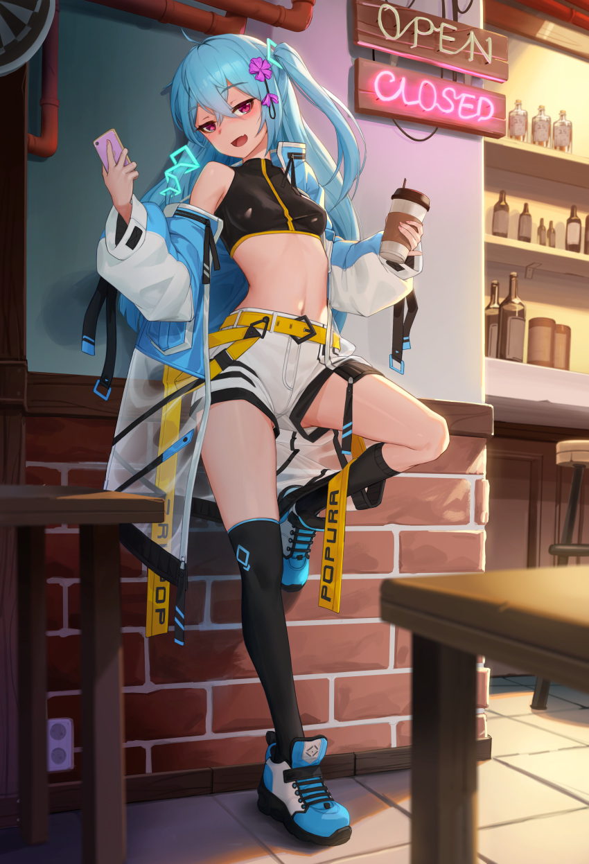 1girl, absurdres, asymmetrical_legwear, belt, black_legwear, blue_footwear, blue_hair, blush