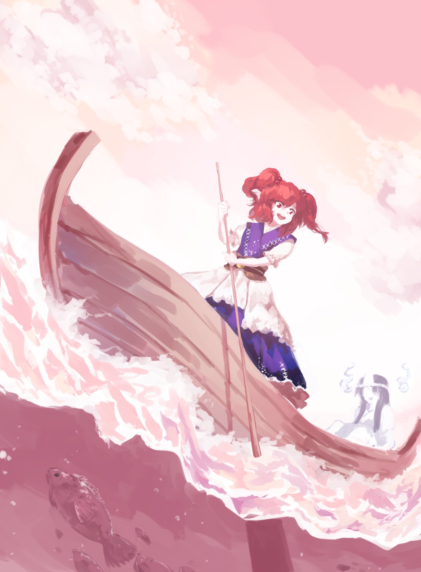 1girl, 1other, air_bubble, bangs, belt, black_belt, blue_dress, boat