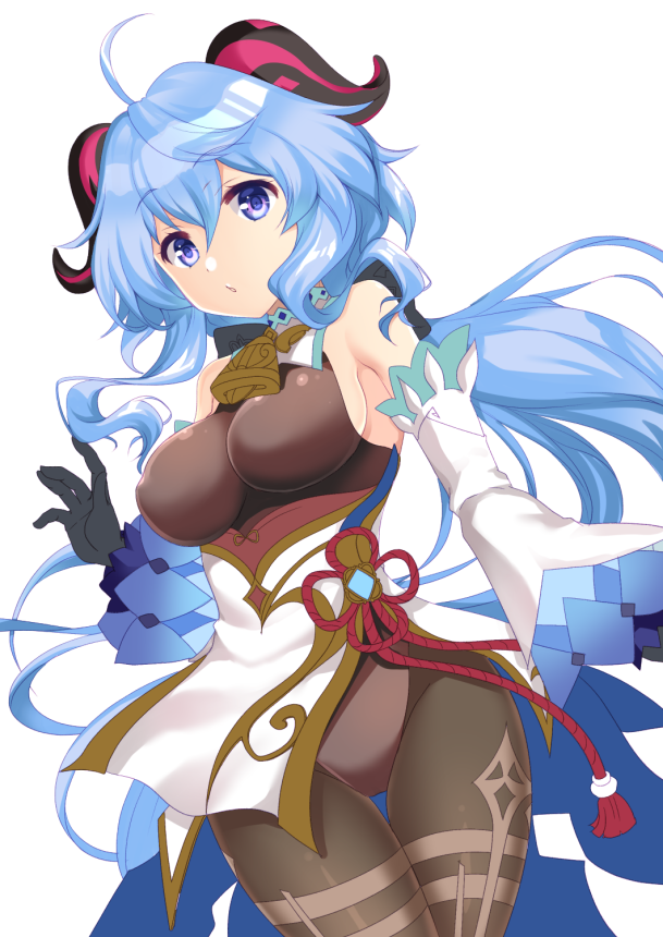 ahoge, bangs, bare_shoulders, bell, black_gloves, black_legwear, blue_eyes, blue_hair