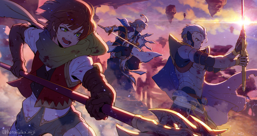 3boys, ahoge, alloces_(megido72), armor, battle, belt, black_pants, blood, blood_on_clothes, brown_hair, cape, capelet, commentary_request, gloves, gold_trim, green_eyes, highres, holding, holding_sword, holding_weapon, hotaruika_niji, male_focus, megido72, multiple_boys, outdoors, pants, polearm, purson_(megido72), red_eyes, ronove_(megido72), scarf, silver_hair, squatting, standing, sword, vest, weapon, white_gloves