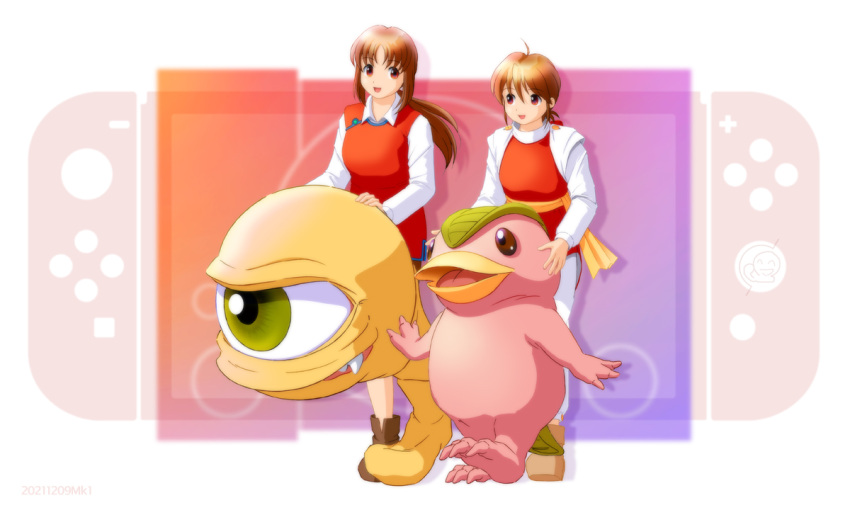 2girls, :d, ahoge, ankle_boots, boots, brown_hair, colt_(monster_farm), creature