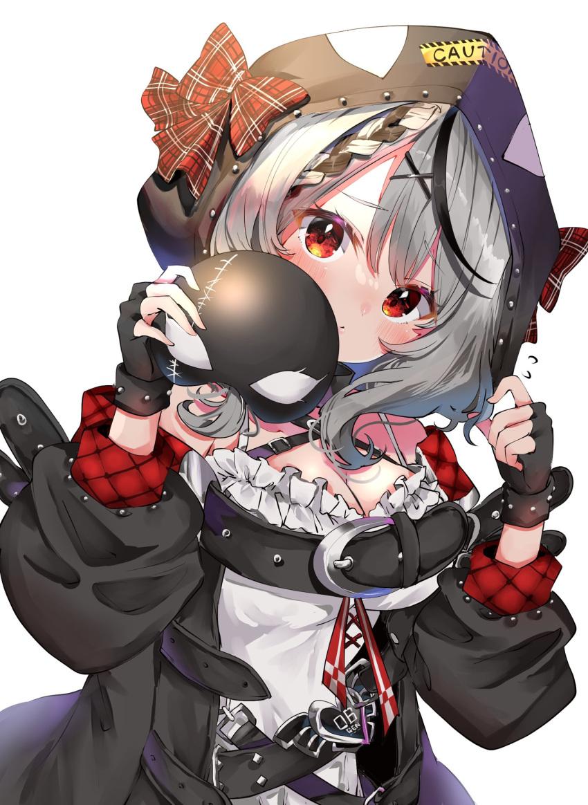 1girl, bangs, black_gloves, black_hair, black_jacket, blush, bow, breasts