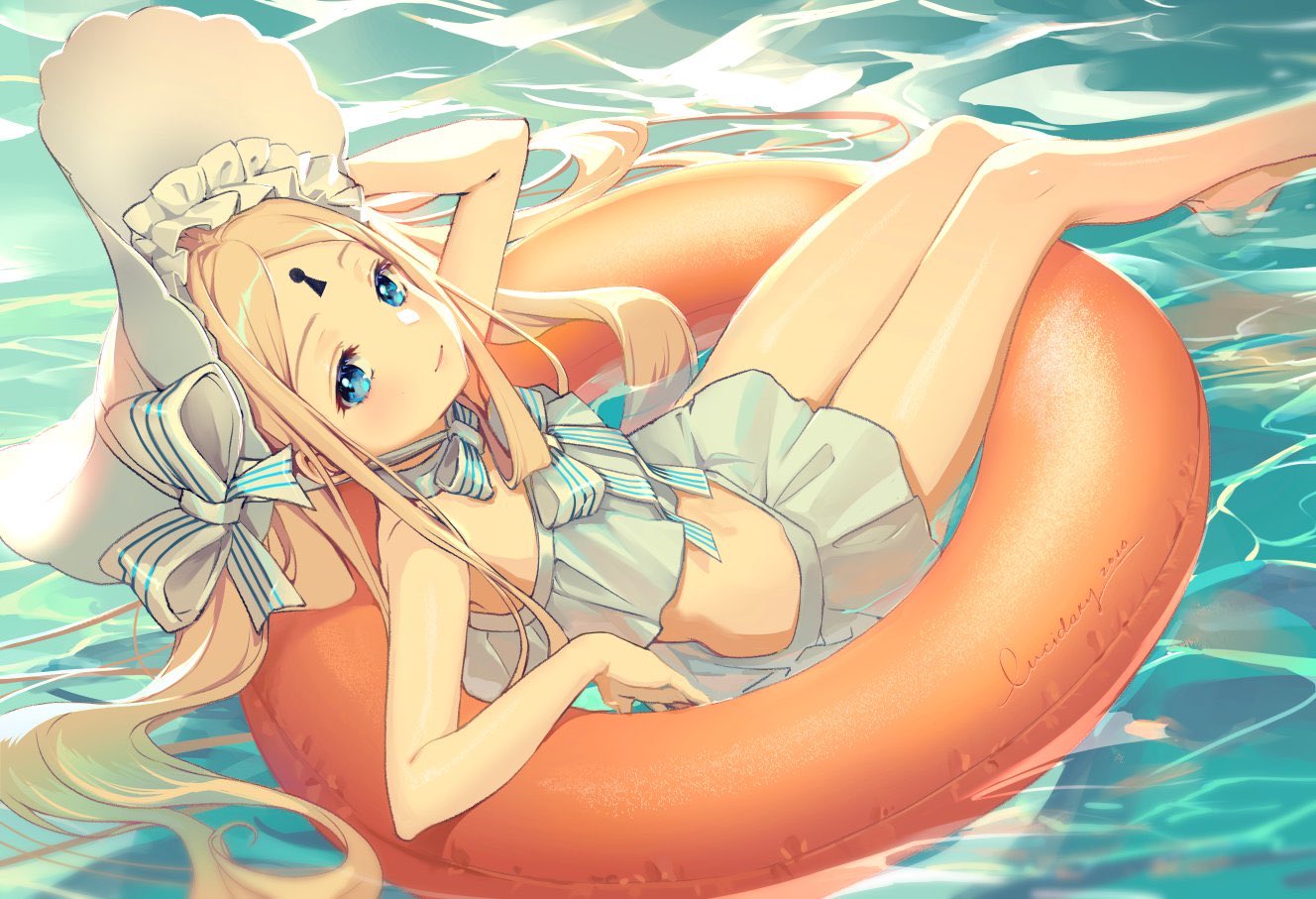 1girl, abigail_williams_(fate), abigail_williams_(swimsuit_foreigner)_(fate), afloat, bangs, bikini, blonde_hair, blue_eyes