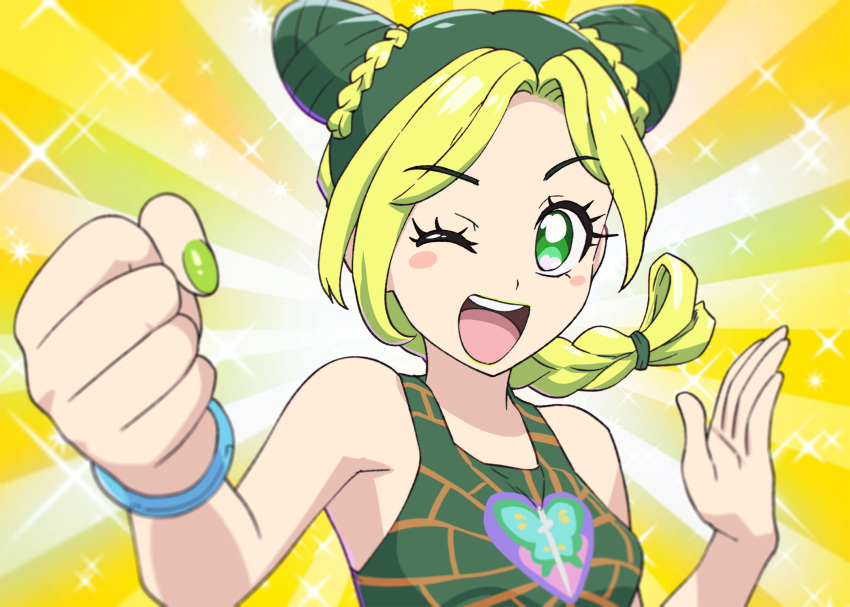 1girl, blonde_hair, blush_stickers, bracelet, braid, double_bun, eyebrows_visible_through_hair, fairouz_ai
