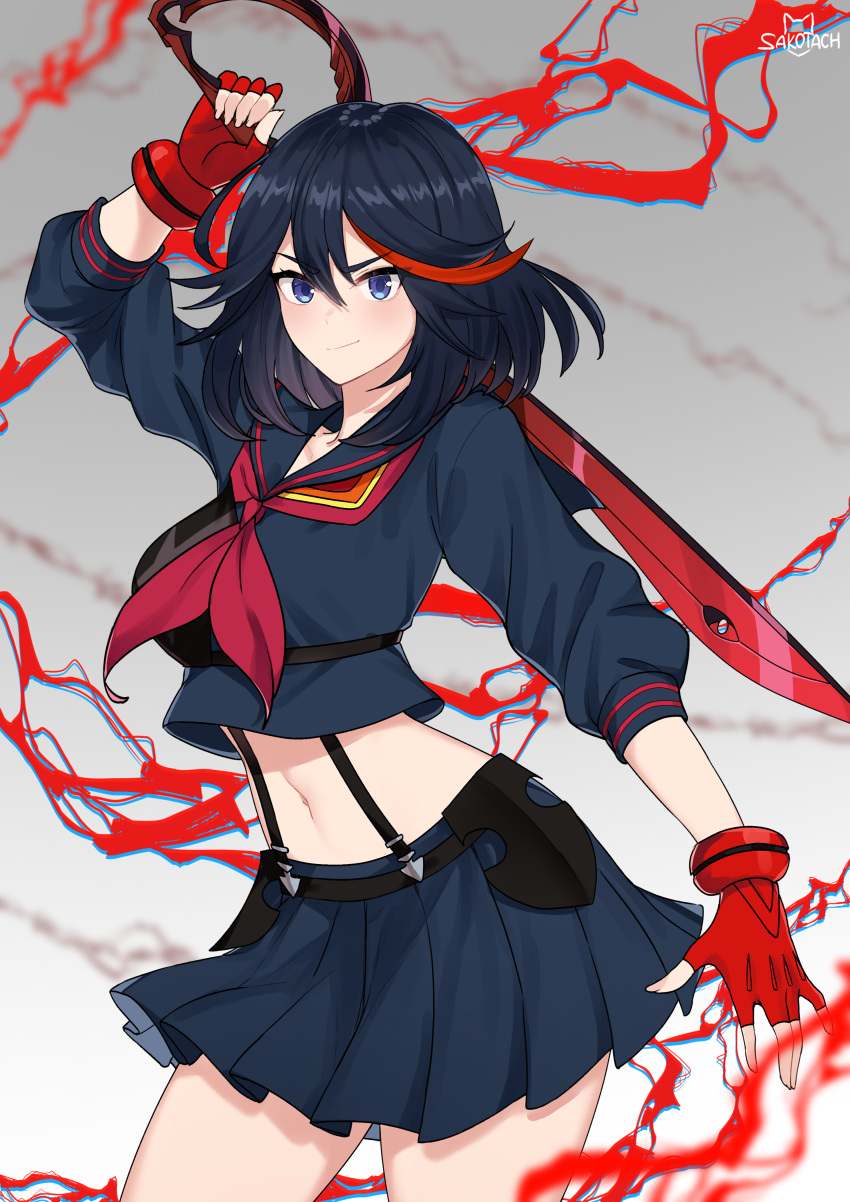 1girl, absurdres, black_hair, black_shirt, black_skirt, blue_eyes, breasts, closed_mouth