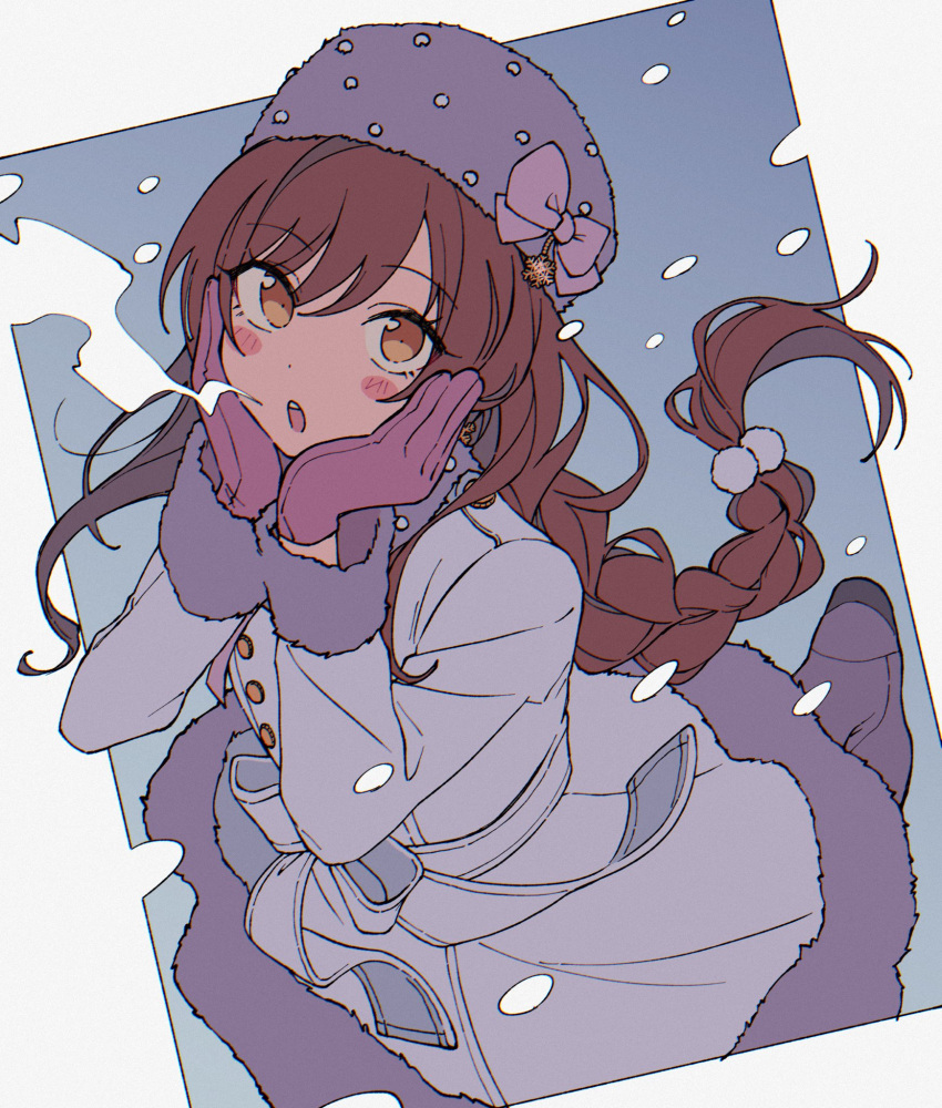 1girl, :o, blush, blush_stickers, braid, braided_ponytail, breath, coat