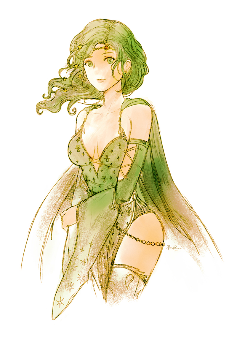 1girl, breasts, cape, closed_mouth, detached_sleeves, final_fantasy, final_fantasy_iv, green_eyes, green_hair, hair_ornament, jewelry, long_hair, looking_at_viewer, older, preyanan_suwanpramote, rydia_(ff4), signature, simple_background, solo, thigh-highs, white_background