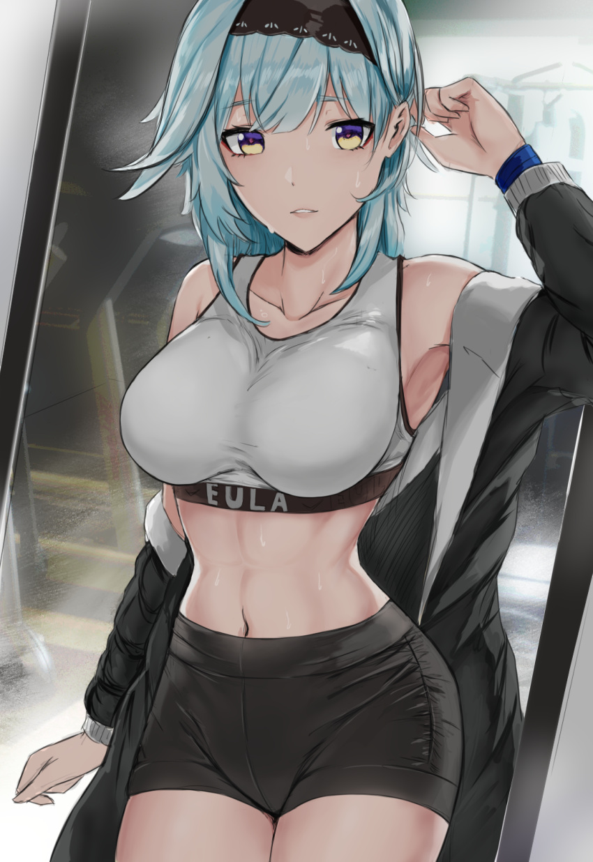 1girl, abs, bare_shoulders, black_jacket, black_shorts, blue_hair, breasts, character_name, cowboy_shot, eula_(genshin_impact), genshin_impact, gym_shorts, gym_uniform, hairband, hand_up, highres, i-chandraws, jacket, large_breasts, long_sleeves, looking_at_viewer, midriff, navel, off_shoulder, open_clothes, open_jacket, parted_lips, short_shorts, shorts, solo, sports_bra, sportswear, sweat, yellow_eyes