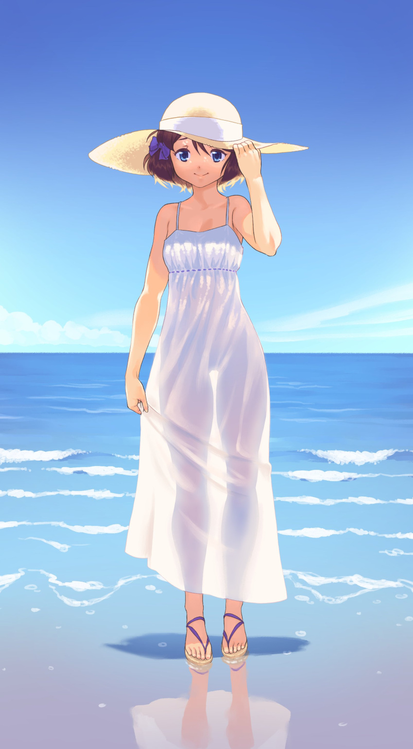1girl, absurdres, blue_eyes, blue_sky, brown_hair, clouds, commission, dress