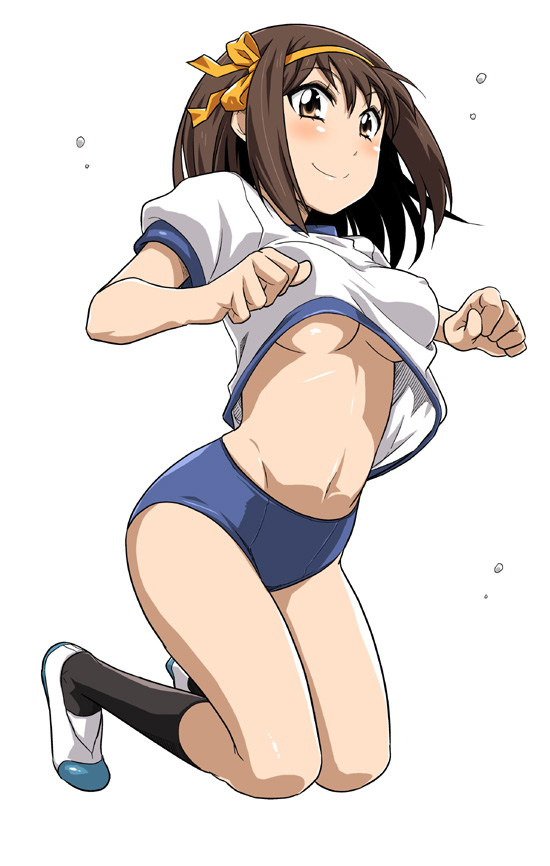 brown_eyes, brown_hair, buruma, gym_uniform, hair_ribbon, hairband, jumping, miyakodori_takayuki, no_bra, ribbon, shoes, suzumiya_haruhi, suzumiya_haruhi_no_yuuutsu, under_boob, underboob, uwabaki