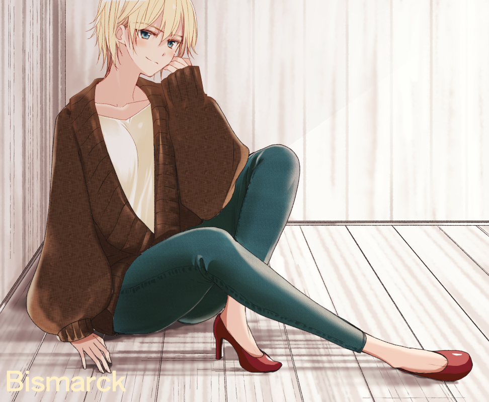 1girl, alternate_costume, alternate_hair_length, alternate_hairstyle, bangs, bismarck_(kancolle), blue_eyes, breasts, brown_jacket, character_name, closed_mouth, commentary_request, denim, hair_between_eyes, high_heels, jacket, jeans, kajii_supana, kantai_collection, long_sleeves, pants, red_footwear, shirt, short_hair, sitting, solo, white_shirt