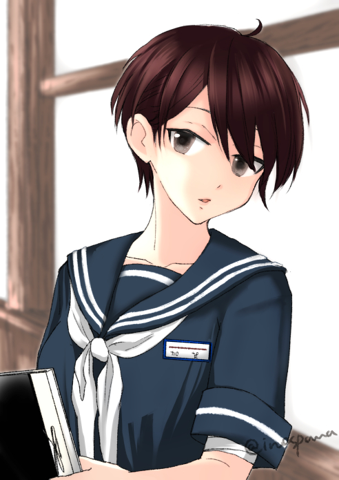 1girl, alternate_costume, alternate_hair_length, alternate_hairstyle, bandaged_arm, bandages, bangs, blue_sailor_collar