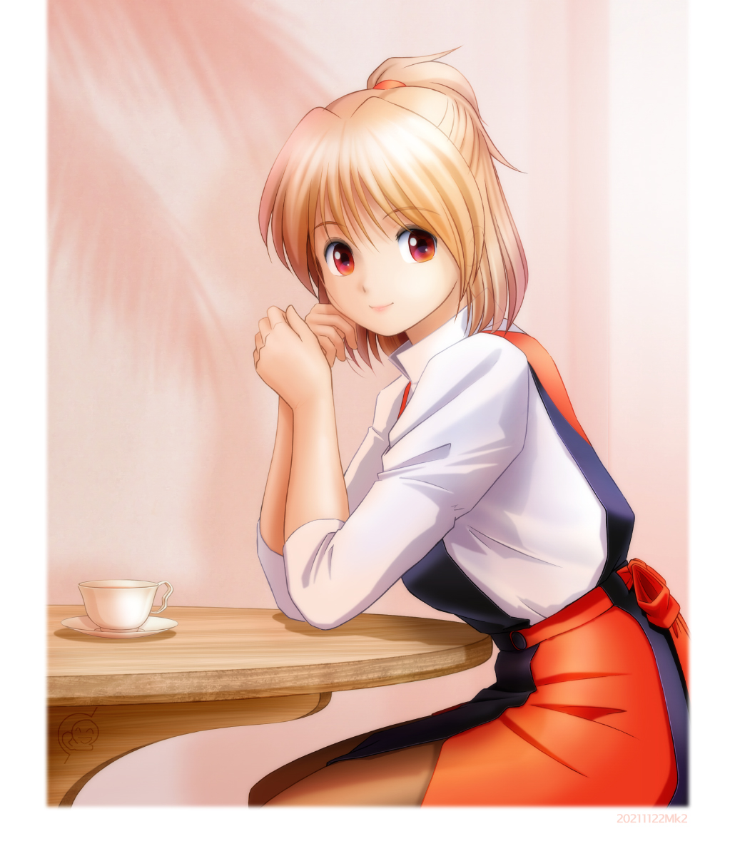 1990s_(style), 1girl, 2021, bangs, blonde_hair, border, brown_legwear, closed_mouth