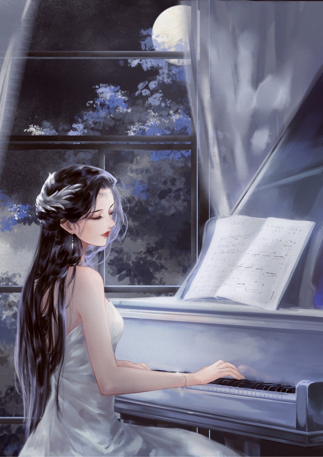 1girl, battle_through_the_heavens, black_hair, curtains, dress, full_moon, hair_ornament, highres, instrument, moon, night, piano, tree, weibo_id, weibo_logo, yun_yun_(battle_through_the_heavens), yun_yun_guan_bo