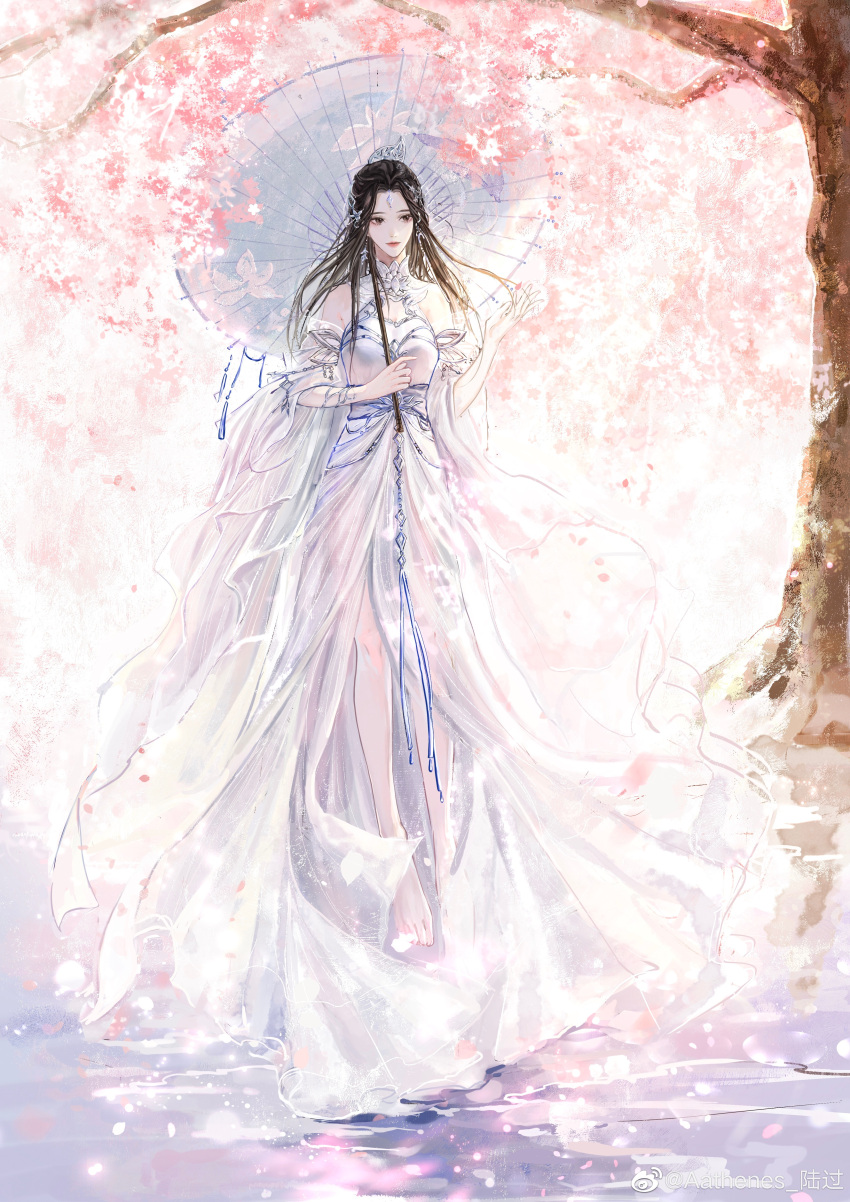 1girl, aathenes_luo_guo, absurdres, bare_legs, barefoot, cherry_blossoms, dress, highres