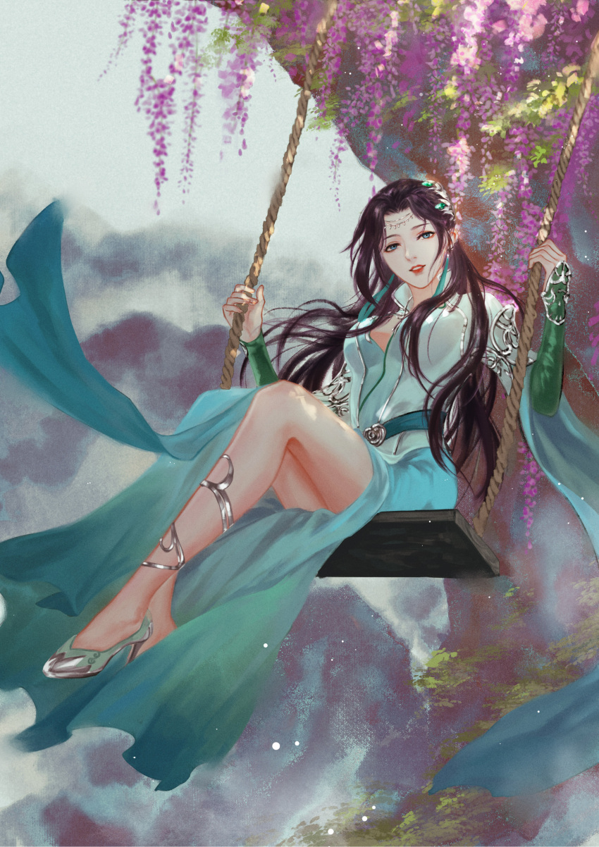 1girl, absurdres, bare_legs, battle_through_the_heavens, black_hair, dress, high_heels, highres, legs, long_hair, smile, swing_set, tree, weibo_id, weibo_logo, yun_yun_(battle_through_the_heavens), yun_yun_guan_bo