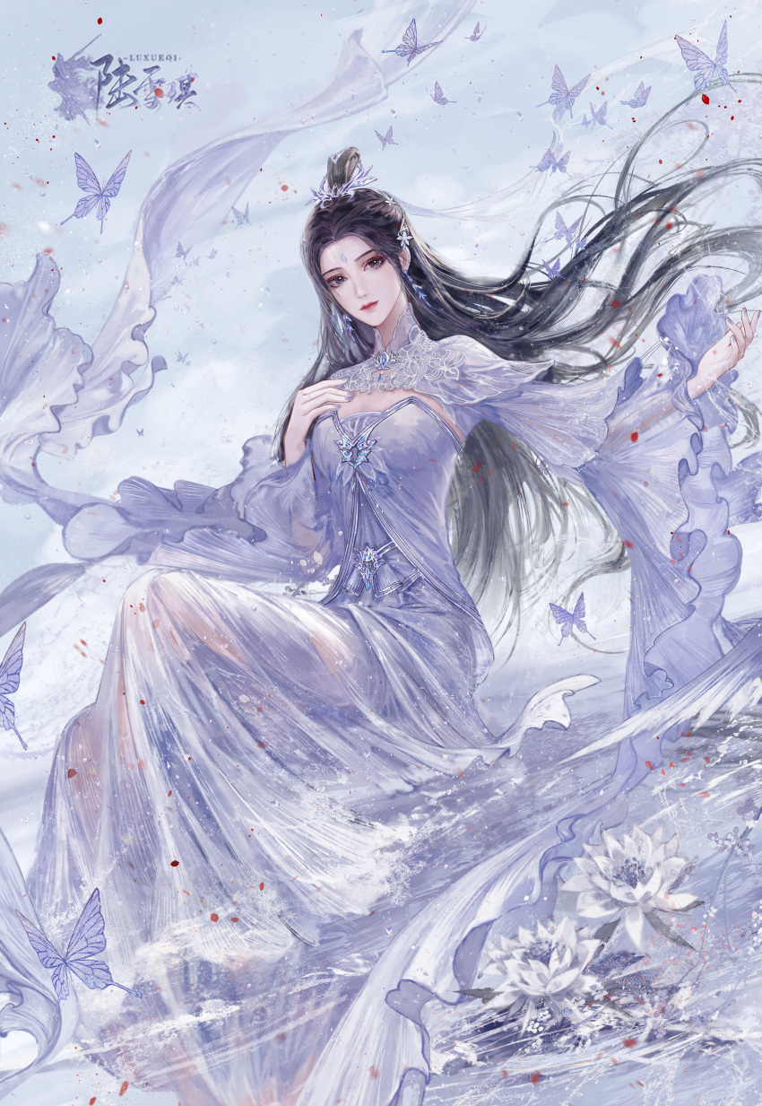 1girl, absurdres, black_hair, dress, flowing_dress_(dq), hand_on_own_chest, highres, jade_dynasty
