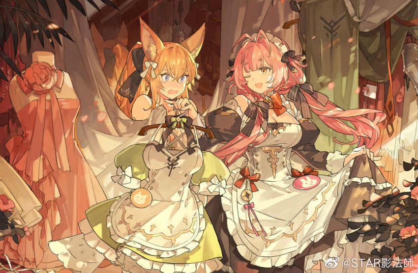 2girls, ahoge, animal_ears, apron, bangs, blush, braid, braided_ponytail