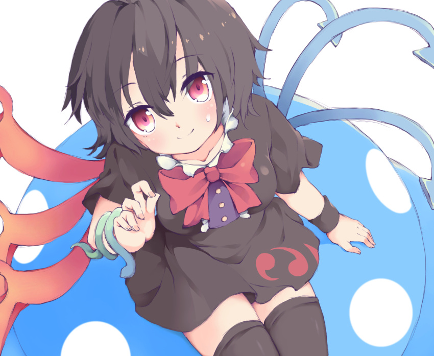 1girl, asymmetrical_wings, bangs, black_dress, black_hair, black_legwear, blue_wings, blush, bow, bowtie, breasts, buttons, center_frills, closed_mouth, commentary, cowboy_shot, cycloneyukari, dress, eyebrows_visible_through_hair, frilled_dress, frills, hair_between_eyes, houjuu_nue, looking_at_viewer, medium_breasts, red_bow, red_bowtie, red_eyes, red_wings, short_dress, short_hair, short_sleeves, sitting, smile, snake, solo, thigh-highs, touhou, ufo, white_background, wings, wristband