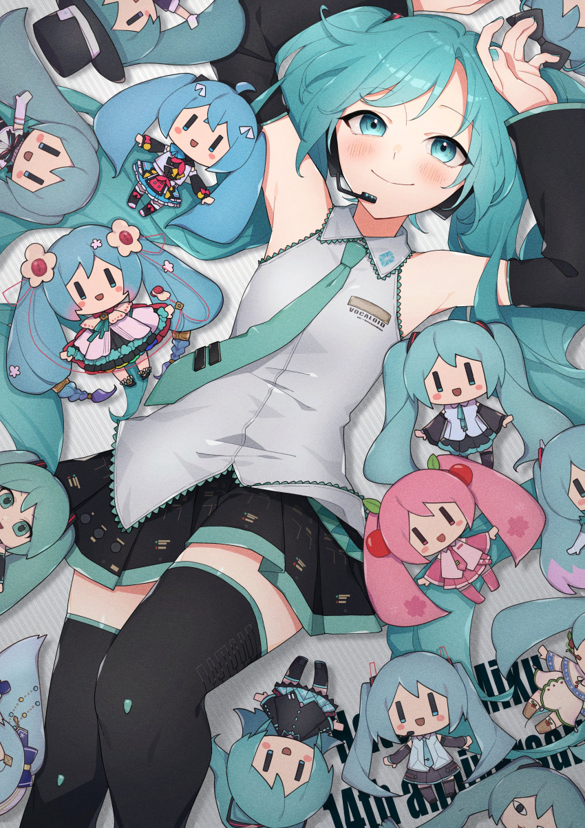 1girl, absurdly_long_hair, absurdres, anniversary, aqua_belt, aqua_hair, aqua_nails, aqua_necktie, aqua_ribbon, aqua_skirt, armpits, arms_up, bare_shoulders, belt, black_eyes, black_headwear, black_jacket, black_legwear, black_ribbon, black_skirt, blue_eyes, blue_hair, blue_ribbon, blush_stickers, boots, braid, brooch, brown_footwear, cable, cape, capelet, card, character_doll, character_name, cherry_blossom_print, cherry_hair_ornament, closed_mouth, collared_shirt, detached_sleeves, dot_nose, dress, dress_flower, elbow_gloves, eyebrows_visible_through_hair, feet_out_of_frame, fingernails, flat_chest, floral_print, food-themed_hair_ornament, from_above, gloves, grey_shirt, hair_ornament, hair_ribbon, hairclip, happy, hat, hatsune_miku, hatsune_miku_(if), hatsune_miku_(nt), hatsune_miku_(vocaloid4), headset, high_ponytail, highres, jacket, jewelry, knee_up, layered_skirt, light_blush, light_bulb_hair_ornament, light_smile, long_hair, looking_at_viewer, looking_up, low-tied_long_hair, low_twin_braids, lying, magical_mirai_(vocaloid), microphone, miku_symphony_(vocaloid), mikudayoo, mittens, neck_ribbon, necktie, odd_(miyoru), on_back, on_floor, pink_footwear, pink_hair, pink_necktie, pink_ribbon, pink_shirt, pink_skirt, plaid, plaid_skirt, pleated_dress, pleated_skirt, ribbon, sakura_miku, shiny, shiny_hair, shirt, shiteyan'yo, skirt, sleeveless, sleeveless_shirt, snowflake_print, solo, thigh-highs, thigh_boots, tie_clip, top_hat, tsurime, twin_braids, twintails, very_long_hair, vocaloid, white_capelet, white_gloves, white_headwear, white_ribbon, white_skirt, wide_sleeves, yuki_miku, yuki_miku_(2015), yuki_miku_(2021), zettai_ryouiki, |_|, ||_||
