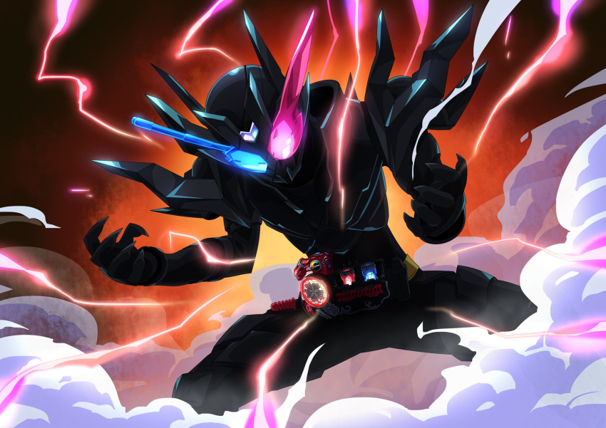 1boy, armor, black_armor, blue_eyes, build_driver, electricity, fullbottle, glowing