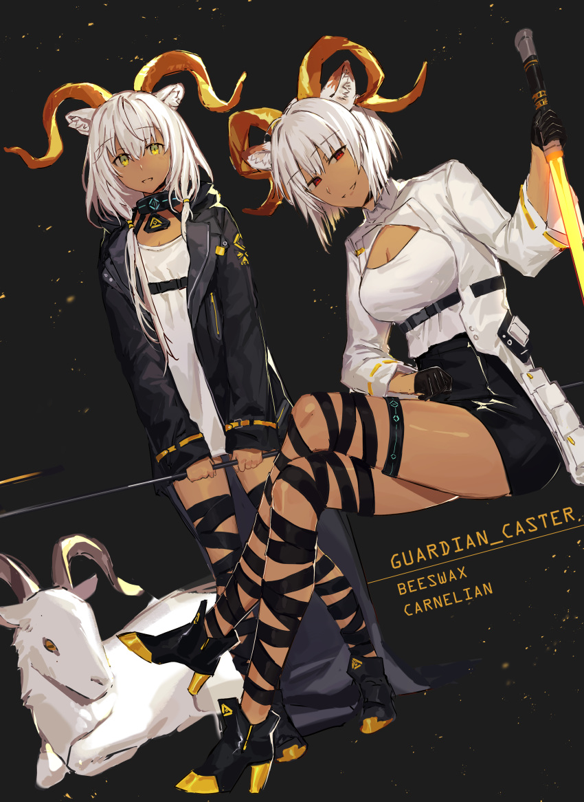 2girls, absurdres, animal_ears, arknights, beeswax_(arknights), black_coat, black_gloves, carnelian_(arknights)