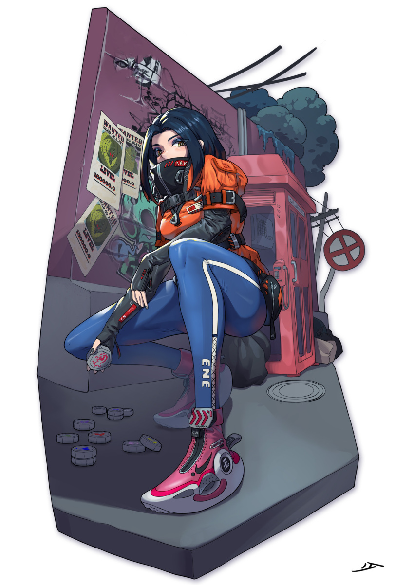 absurdres, amulet, belt, black_gloves, black_hair, black_nails, blue_legwear, breasts, chinese_zodiac, ears_visible_through_hair, fingerless_gloves, full_body, gloves, highres, holding, jacket, jackie_chan_adventures, jade_chan, logo, looking_at_viewer, manhole, maoge, mask, medium_breasts, medium_hair, multicolored_hair, nike, older, orange_jacket, people's_republic_of_china_flag, phone_booth, pink_footwear, redhead, road, road_sign, shendu, sign, signature, skin_tight, split_depth, squatting, street, trash_bag, tree, utility_pole, wall, wanted, wire, yellow_eyes