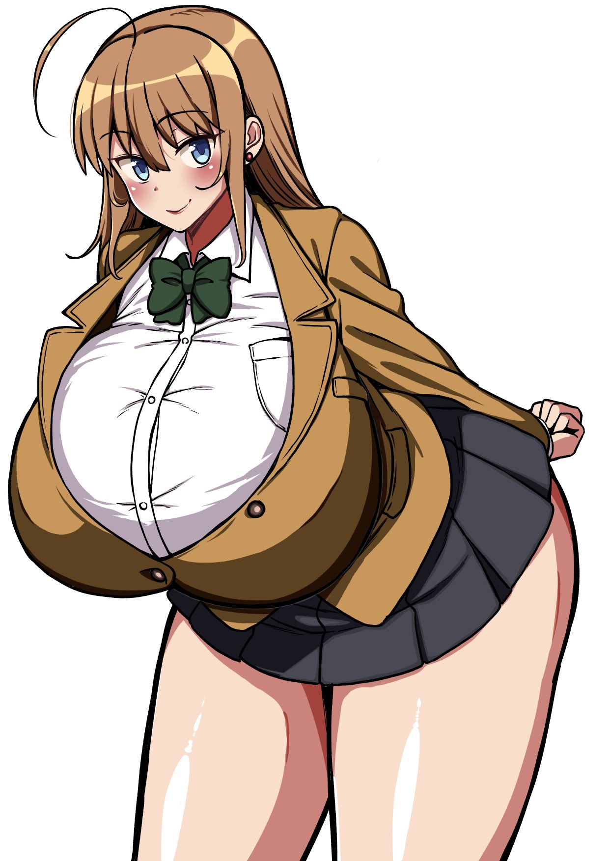 1girl, ahoge, arms_behind_back, blazer, blue_eyes, blush, breast_pocket, breasts