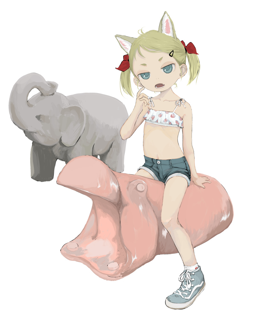1girl, absurdres, animal_ears, blonde_hair, blue_eyes, bow, crop_top, elephant, fang, food_print, hair_bow, highres, hippopotamus, midriff, ohgnokuni, open_mouth, original, short_shorts, short_twintails, shorts, sitting, skin_fang, solo, straddling, strawberry_print, twintails, white_background