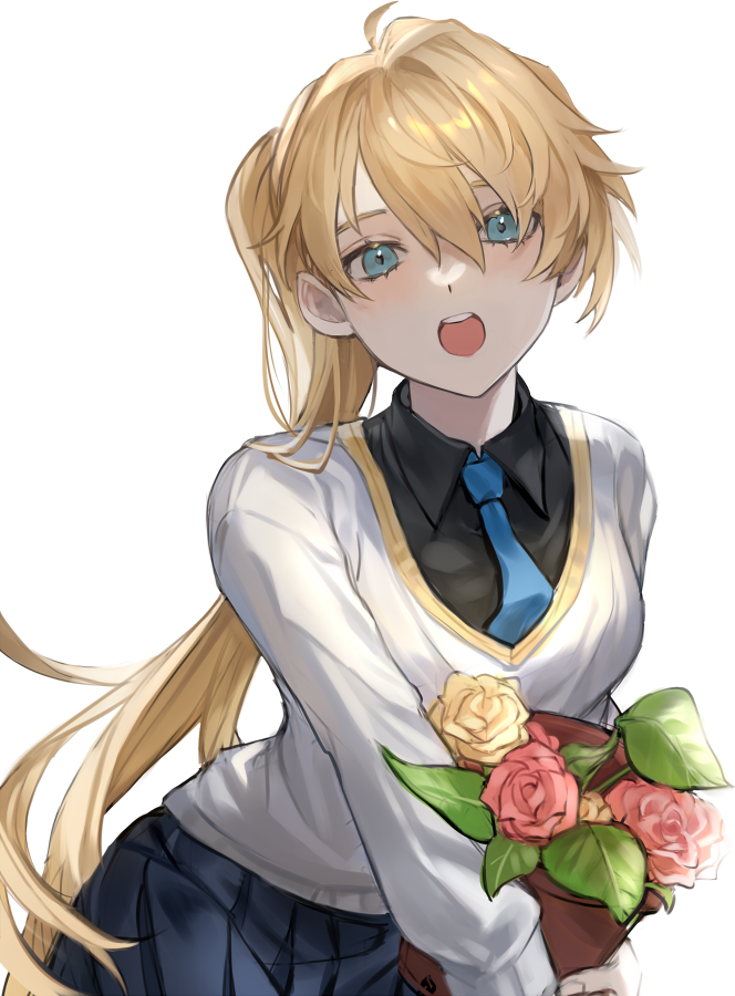 1girl, bangs, black_shirt, black_skirt, blonde_hair, breasts, brown_flower, collared_shirt