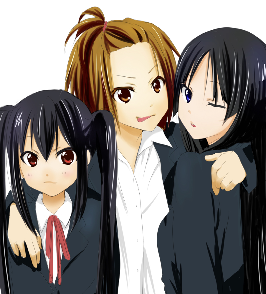 alternate_hairstyle, black_hair, blue_eyes, brown_eyes, brown_hair, k-on!, long_hair, moutiko