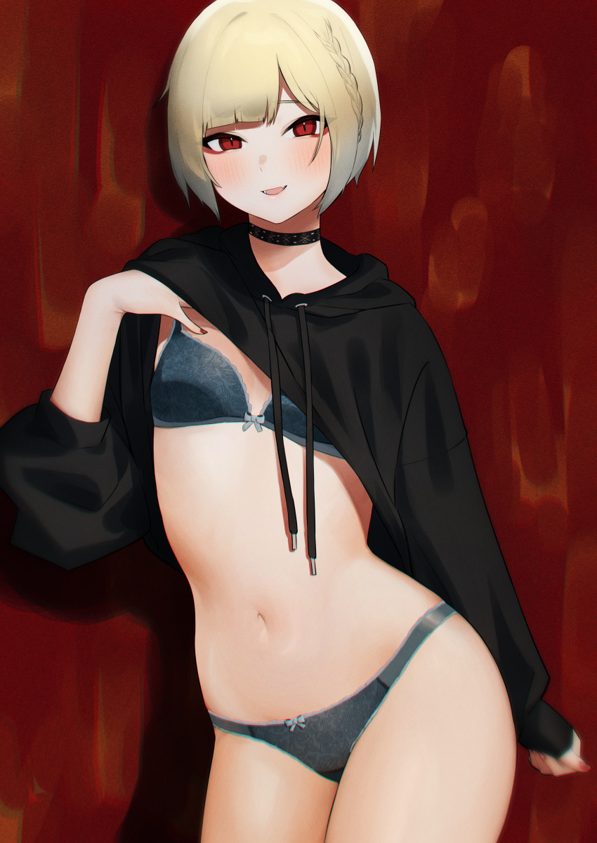 1girl, :d, absurdres, black_bra, black_choker, black_dress, black_panties, black_sweater