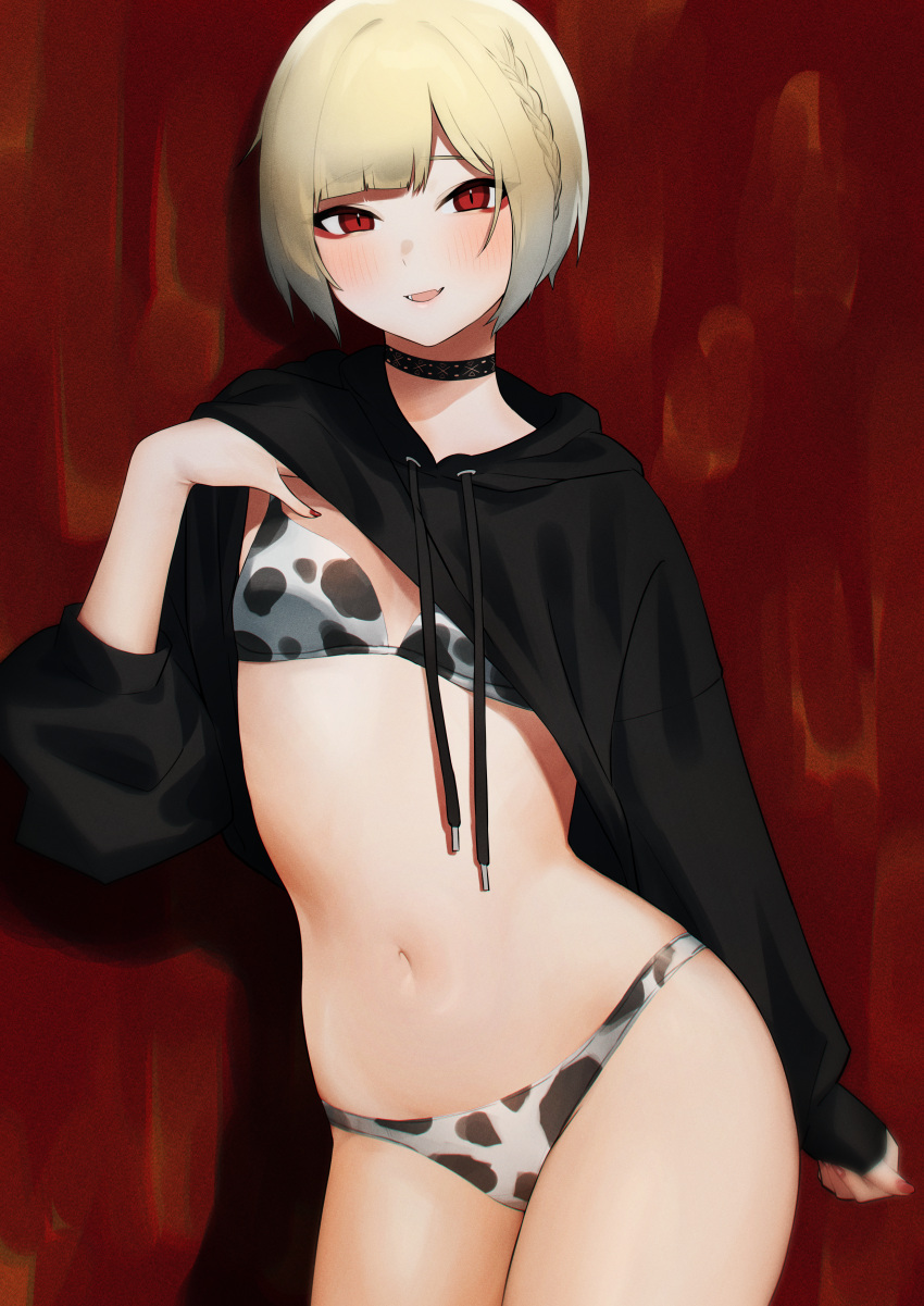 1girl, :d, absurdres, animal_print, bikini, bikini_under_clothes, black_choker, black_dress