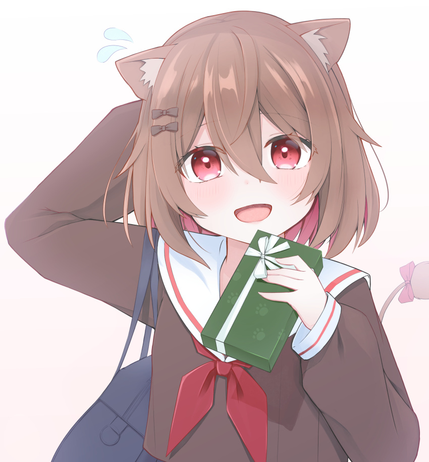 1girl, absurdres, akanegasaki_reo, animal_ears, arm_behind_head, bag, blush, bow, brown_hair, chocolate, cottage_project, eyebrows_visible_through_hair, food, hair_between_eyes, highres, holding, holding_chocolate, holding_food, lion_ears, lion_girl, lion_tail, long_sleeves, looking_at_viewer, makiurath, open_mouth, red_eyes, school_uniform, serafuku, shiny, shiny_hair, short_hair, shoulder_bag, solo, sweatdrop, tail, tail_bow, tail_ornament, upper_body, virtual_youtuber, white_background