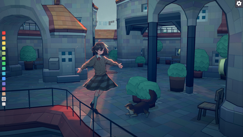 black_hair, blind_girl's_dog_(popopoka), blind_girl_(popopoka), castle, highres, popopoka, short_hair, skirt