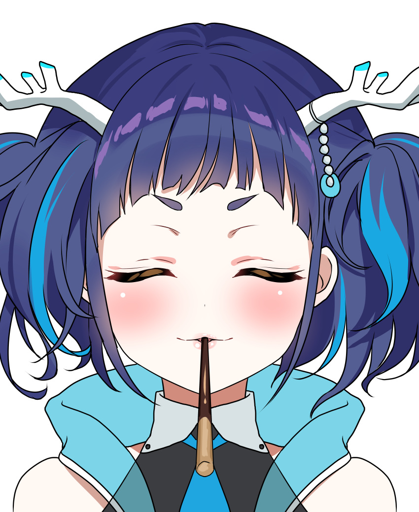 1girl, absurdres, black_hair, blue_hair, blush, close-up, closed_eyes, cottage_project