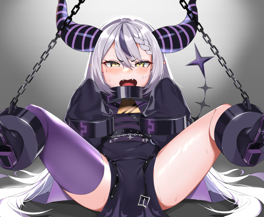 1girl, ahoge, bangs, blush, braid, demon_girl, demon_horns, eyebrows_visible_through_hair